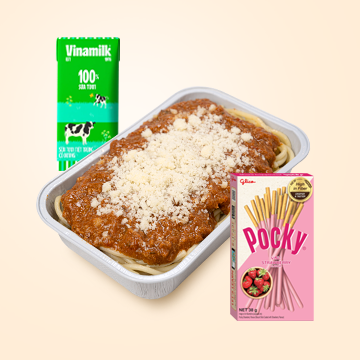 Mỳ ý bò băm+ 1 bánh pocky + 1 sữa tươi hộp 180ml<br><strong>Giá: 120.000 VNĐ</strong>